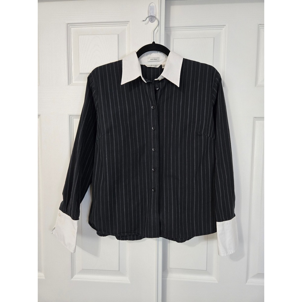 Ecologie Vintage Y2K Career Pinstripe Button Down Shirt Black Collar Large